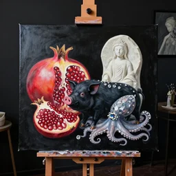 painting of a black painted canvas, on an easel in a dark room with black walls, pomegranate, a black pig - goddess, pork, octopus, large diamonds gems, stone sculpture of a girl work in progress, oil on canvas