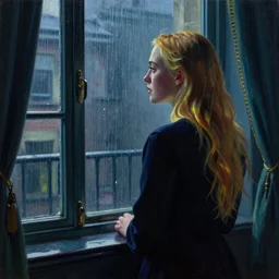 silhouette of a Elle Fanning gazing out her hotel window at the rain, extremely detailed masterpiece, oil on canvas, low-key neon lighting, artstation, by Klimt and Peter Paul Rubens,