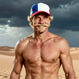 smiling male blond athlete musculated with a blond mustache and a french flag cap | dune du pyla, cinematic and dramatic, 8 k, crisp lines, sharp edges, vibrant colors by artgerm, cushart krenz, greg rutkowski, mucha and norman rockwell