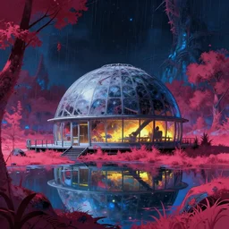 a beautiful detailed anime illustration of urbex dome house by philip johnson, cosmic thermal imaging lake meadow infrared darkacademia assassin's creed universe alien tundra elysian sci - fi rainforest synthwave otherworldly anime cgsociety myst landscape, archdaily, wallpaper, highly detailed, trending on artstation.
