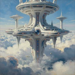 a futuristic advanced utopia in the clouds, tim hildebrandt, wayne barlowe, bruce pennington, donato giancola, trending on artstation, cinematic composition, beautiful lighting, hyper detailed, 8 k, oil on canvas
