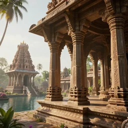 photography of a beautiful archipelago of never seen before stunning ancient indian temple and palaces. complex intricate pilars patern, runes. trees water and flowers. afternoon light, inspiring science fiction, intricate, elegant, uplifting, inspirational, unreal engine 5, highly detailed by simon stalenhag