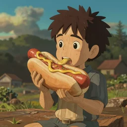 a wooden sculpture of billy corgan eating a hotdog, digital art by studio ghibli and greg rutkowski, beautiful, cute, hyperrealism artstyle, amazing lighting