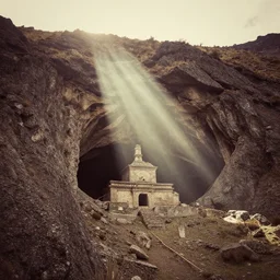 vintage color photo of light rays shinning through a hidden temple in Cordillera De Los Andes, 8k definition