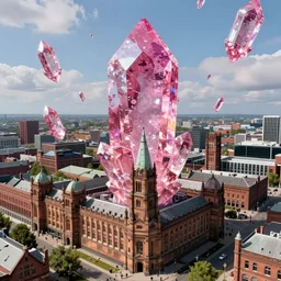 photorealistic, masterpiece, aerial photo of victorian era manchester, giant pink crystal that fell from the sky