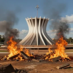 brasilia destroyed, in flames, riots in brasilia, brasilia burning concept art, digital painting, trending on artstation, deviantart, epic composition, extremely detailed, ambient lighting, masterpiece, sharp focus, octane render