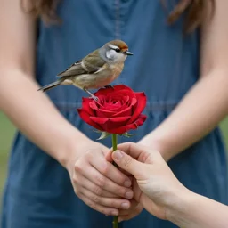bird with hands holding a rose