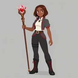 young-looking dark-skinned british female mage with brown bob-cut hair, wearing white shirt and necklace with grey short-sleeved jacket with red trim, belt, black pants and boots with red lacing, and carrying a wooden staff with floating red crystals. illustrated by Viorie
