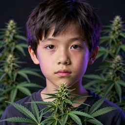 kid with symmetrical beauty face, green flowers of marijuana purple glow hemp cannabis, behance hd, by jesper ejsing, by rhads, makoto shinkai, lois van baarle, ilya kuvshinov, rossdraws global illumination, golden ratio