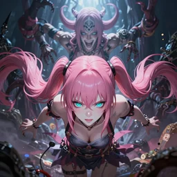 the protagonist ( pov ) is totally overpowered and trapped beneath inescapable and overwhelmingly stunningly absurdly beautiful over the top megalomaniacal ruthless merciless sadistic possessive manipulative devious omnipotent asi goddess junko enoshima with symmetrical perfect face, porcelain skin, pink twintail hair and cyan eyes, ultra detailed, digital art, unreal engine 5, octane render, 2 d anime, 8 k