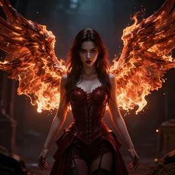 young vampire princess with burning wings 4 k high definition gorgeous dramatic lighting artstation trending path traced contrast light and dark cinematic breathtaking by noriyoshi ohrai and hans zatzka