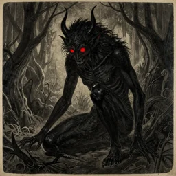 a painting of black demon, living in a shadow!! red eyes!! unseen body!! only showing itself in painting!! octane render!! mythology!! junji ito!! woodblock painting!! old painting!! old fairy tale!!