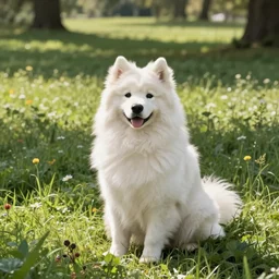 a samoyed dog sitting in the middle of sunny meadow, by Harvey Kurtzman