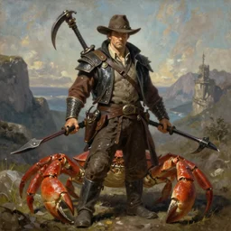 High fantasy detective with whips with crab companion, RPG Portrait, Oil Painting, octane render, Trending on Artstation, Insanely Detailed, 8k, UHD