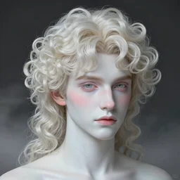 Hyper realistic portrait of Lucius, delicate milky white pale porcelain skin and light pink blush, blue veins, fluffy platinum blonde curly hair with curtain bangs over his forehead, lush drill curls, beautiful androgynous prince, Dark Studio Lighting, fog, by Emil Melmoth, Trending on Artstation, 8k