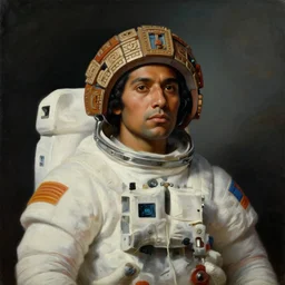 portrait of an aztec astronaut, painted by norman rockwell. dark, moody lighting. soft gradients.