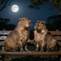Two photorealistic capybaras sitting on a park bench with their bodies touching each other, holding hands in the moonlight.
