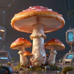 ultra detailed photorealistic mushroom, cinematic light, sci fi, glossy, cybernetic machines, wires, robotics, futuristic decor, trending on artstation, global illumination, ultra realistic illustration, matte painting, high detailed, unreal engine, octane render, 4 k, hd,