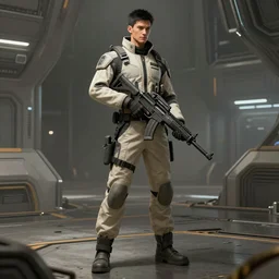 detailed concepg art of a scifi character, tall and slim man with short black hair wearing a beige urilitarian jumpsuit carrying a futuristic assault riffle, inside a desolate scifi interior, 4K Artstation, Octane Render, Contesg winner