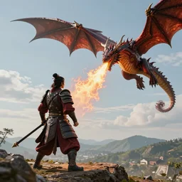 An ultra high-resolution 8K full-canvas scan of a warrior standing on the ground fighting a flying dragon which is blowing fire towards the sky, fine art, trending, featured, 8k, photorealistic, dynamic, energetic, lively perspective, well-designed masterpiece, hyper detailed, unreal engine 5, IMAX quality, cinematic, epic lighting, light and shadow, ocean caustics, digital painting overlaid with aizome patterns, by Ohara Koson and Thomas Kinkade, traditional Japanese colors, superior quality