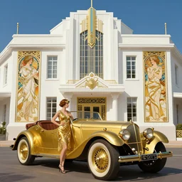 beautiful 1 9 3 0's woman, art deco white building, gold vintage bugatti, great gatsby era styling, art by tamara de lempicka and alphonse mucha, fantasy, intricate, elegant, highly detailed, digital painting, time magazine, concept art, matte, sharp focus, illustration,