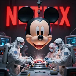 graphic art of dystopian futuristic 1 0 mechanic surgeons in space suits, operate on a huge mickeymouse! severedhead!!!! held by a crane. ominous glowing red netflix!!! sign in the background, trending on art station, beeple!!, clean concept art, smooth, octane render
