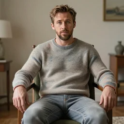 ryan gosling but he is knitted from yarn sits on a chair, lethal preservation, proportions, quality, realism, focus in the foreground,