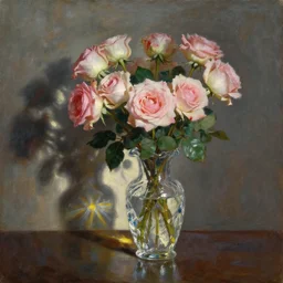 oil painting by frans mortelmans, roses in cinematic light, shadows, dramatic and very very very very beautiful masterpiece, light reflection, light refraction, transparent handmade glass vase, chrystal jug caustics