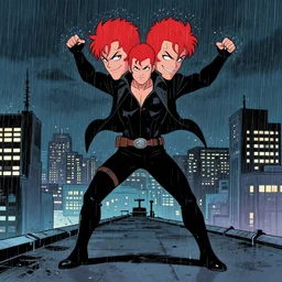 in the style of phil noto comic art, joshua middleton comic art, peyton list black widow, symmetrical face, red hair, full body, on a rooftop, smirk, symmetrical eyes, rain, night, rain, symmetrical, action pose, artgerm, playful smirk, full body