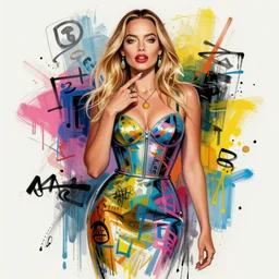 colorful sketch, ultra detailed, fashion, magic, beautiful woman, margot robbie play, surreal, in style of jean - michel basquiat, trending on artstation