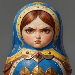 The angry Godess matryoshka, portrait, highly detailed, digital painting, artstation, concept art, smooth, detailed rusty armor, sharp focus, beautiful face, symmetric face, dystopian, cinematic, videogame cover art, illustration, fantasy, blue and yellow color theme, art by Artgerm and Greg Rutkowski and Alphonse Mucha