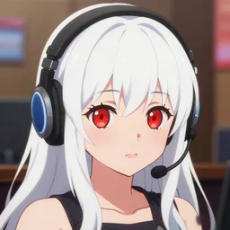 high quality portrait of a cute red eyed girl with long white hair wearing a headset in her room interior. art by ( ( yoshinari yoh ) ), crunchyroll, pixiv, danbooru, hd, headshot, cinematic still, anime face!!!, bokeh, digital art, cel shading, 4 k