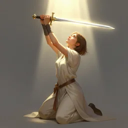 fantasy character illustration of a pious repentant plain short - haired female warrior kneeling and looking up into a beam of light holding a sword above in both hands, divinely lit, radiant glowing, trending on artstation, digital art ( by anna steinbauer ) ( by victor adame ) ( by jesper ejsing )