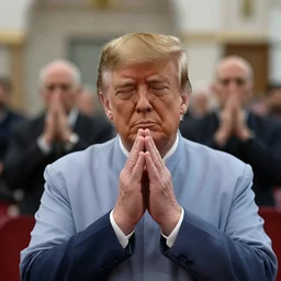 Trump praying in mosque, award winning cinematic photography, 50 mm, blurred background, perfect faces