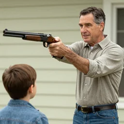 Mr Rogers pointing a shotgun at a kid