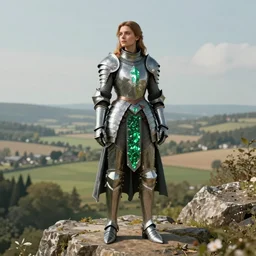 full-body-portrait photo of one beautiful medieval-female-scout in plated armor with green crystals who is over-watching the countryside from a cliff, elegant, highly detailed, smooth, sharp focus, illustration, beautiful, geometric, trending on artstation, unreal engine, octane render, cinematic, artwork by WLOP