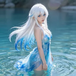 a very beautiful anime girl wearing a dress made of water standing in a crystal lake , full body, long white hair with azure blue highlights blending into the dress , azure blue watery eyes, full round face, seductive over the shoulder glances , lens flare, cinematic lighting, medium shot, mid-shot, highly realistically detailed, trending on artstation, Unreal Engine 4k, Stanley Artgerm Lau, WLOP, Rossdraws, James Jean, Andrei Riabovitchev, Marc Simonetti, and Sakimichan