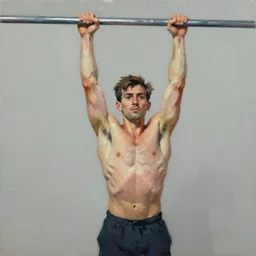 thick paint brush strokes of a thin athletic male physique doing pullup, matte paint colors, james nares, willem de kooning
