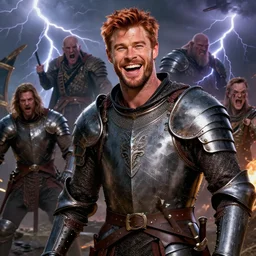 stunning portrait of ( ( ( laughing ) ) ) ( ( ( ( copper haired chris hemsworth ) ) ) ) as destruction from sandman looking like kristofer hivju!! after a battle, medival armour!!, by jeremy mann, by frank moth, jeff easley, alphonse mucha, dave mckean, thunder & lightning, soft lightning, high detailed, 8 k