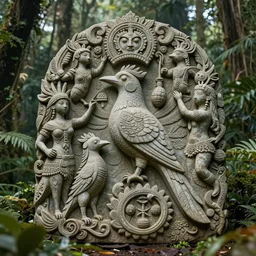 a sculpture of mythical creatures by geenss archenti flores, carved in stone, intricate, elegant, quetzal bird symbol of fertility and abundance, messenger of a new generation of earth - guardians to come, artstation, visionaryart, shamanicart, consciousart, peruvianartist, ayahyascaart, geenssarchenti, rainforest, cloudforest concept art, ambient occlusion, vray render,