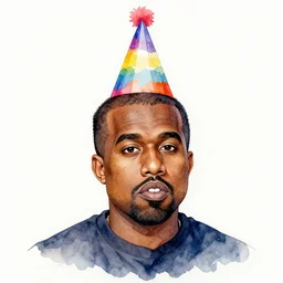 watercolor illustration of kanye west wearing a birthday hat, colorful, artistic, vibrant, art