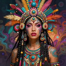 hyper detailed ultra sharp of a beautiful tribal aztec trance girl. trending on artstation, warpaint aesthetic, earthwave, colorful, psychedelic, ornate, intricate, digital painting, concept art, smooth, sharp focus, illustration, art by artgerm and greg rutkowski and alphonse mucha, 8 k