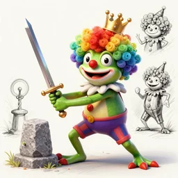 clown frog king pulls the sword from the stone, clown excalibur, clown frog king wearing clown makeup and rainbow wig, clown crown artwork by Moebius, 3D rendering by Beeple, sketch by R. Crumb