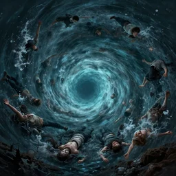 a whirlpool sucking all the humans suffocating them, as corpses descend into hell