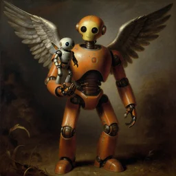 a fantasy painting in renaissance!! style of a robot holding small robot with wings, centered, cinematic, beautiful lighting, dramatic