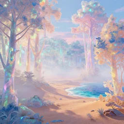 highly detailed holographic iridescent glowing ethereal sci fi world with forests, deserts, oceans, with fog at dusk, by gilbert williams, by simon stalenhag, by beeple, by bruce pennington, by moebius, octane render, with many different pastel shades of blue pink orange yellow green, beautiful volumetric lighting