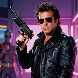 adriano celentano as terminator, vaporwave, terminator 2 movie, scene with machine gun, poster, high detail, best scan, photorealistic, 9 0 s