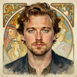 Sebastian Stan portrait, painted by Artgerm and Greg Rutkowski and Alphonse Mucha