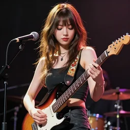 rockstar girl playing electric guitar on stage. by amano yoshitaka, digital art, digital painting, artstation trending