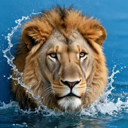 a male lion's face breaching through a wall of water, headshot, water sprites, splashing, deep blue ocean, detailed eyes, highly detailed, realistic digital art, trending on artstation